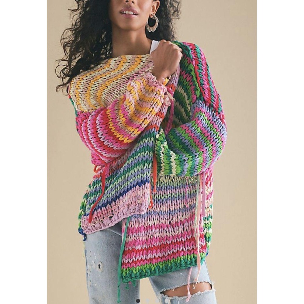 Free People Multicolor Chunky Knit Open Front Cardigan Sweater Striped Boho S